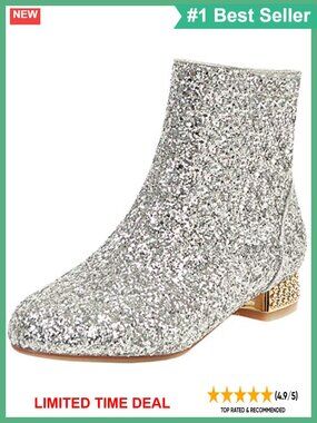 Sequin Ankle Boots Low Block Heel Side Zipper Sparkly Glitter Party Wedding